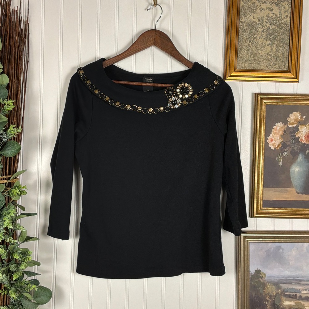 Y2K Rafaella Studio Top Large Black Excellent Embellished Boat Neck 3/4 Sleeve